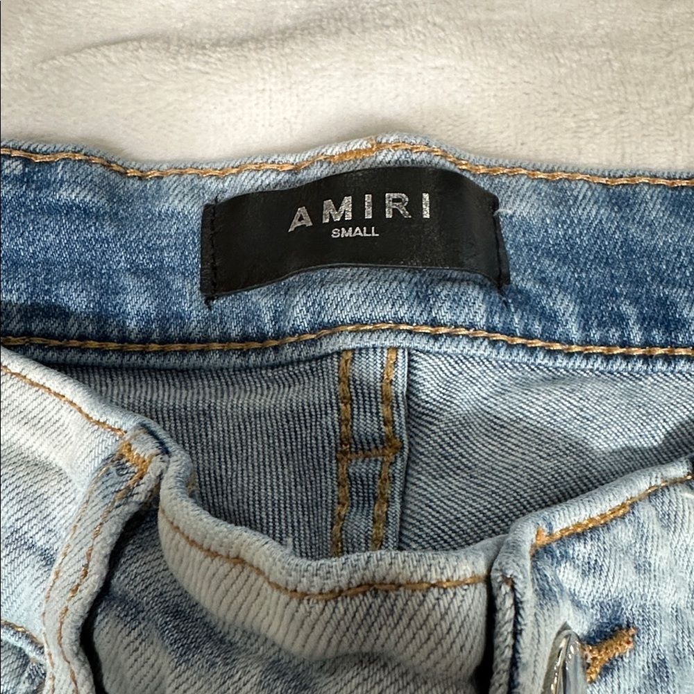 AMIRI Light Blue Distressed Acid Washed Denim Jeans with Bright Bling Patches! - Picture 6 of 7